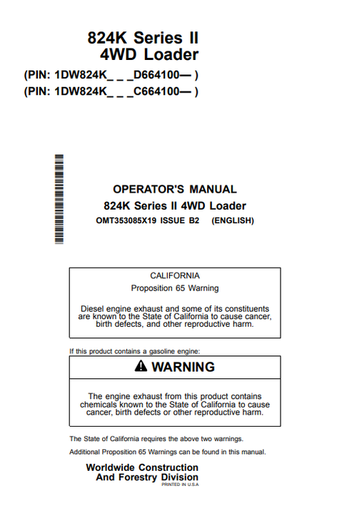 John Deere 824K Series II 4WD Loader Operator Manual OMT353085X19