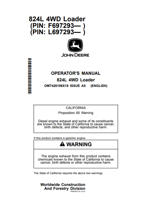 John Deere 824L 4WD Loader Operator Manual PDF