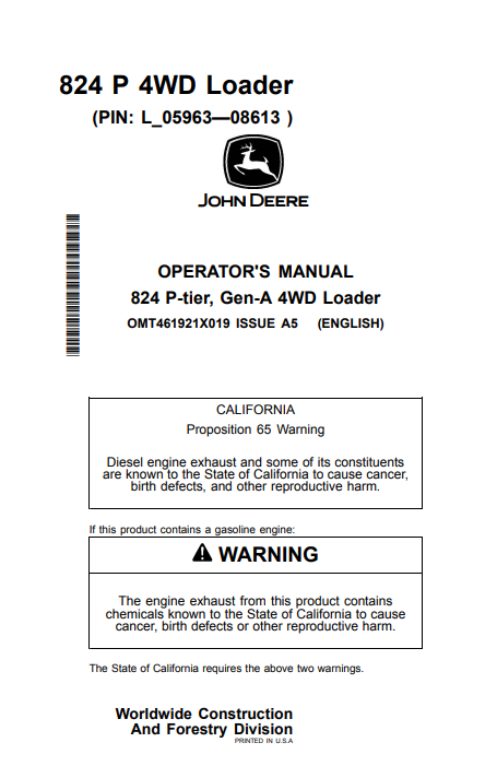 John Deere 824 P-Tier Gen-A 4WD Loader Operator Manual PDF