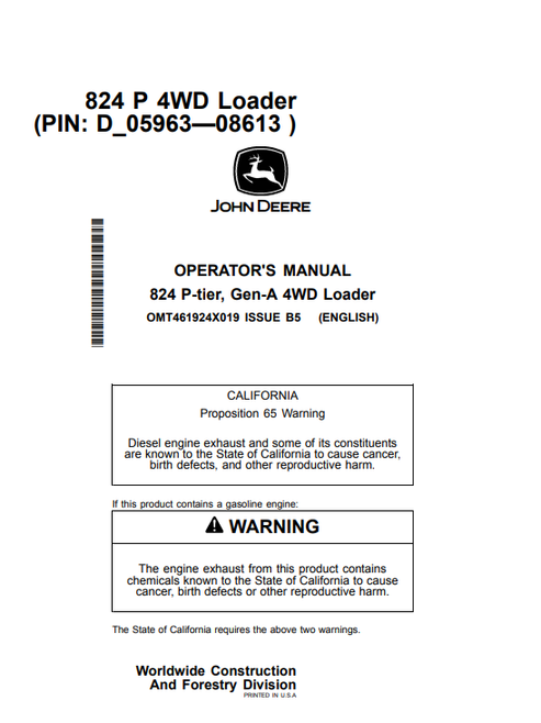 John Deere 824 P-Tier Gen-A 4WD Loader Operator Manual PDF