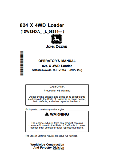 John Deere 824 X 4WD Loader Operator & Maintenance Manual