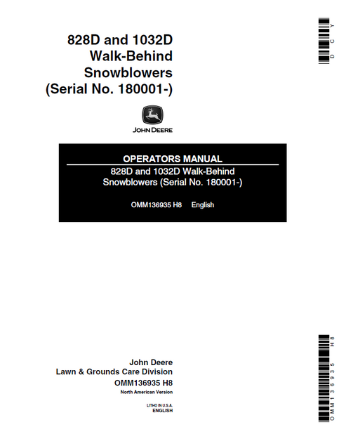 John Deere 828D 1032D Snowblower Operator Manual OMM136935