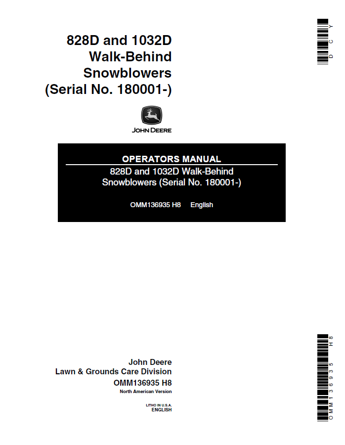 John Deere 828D and 1032D Walk-Behind Snowblowers Operator Manual OMM136935 PDF