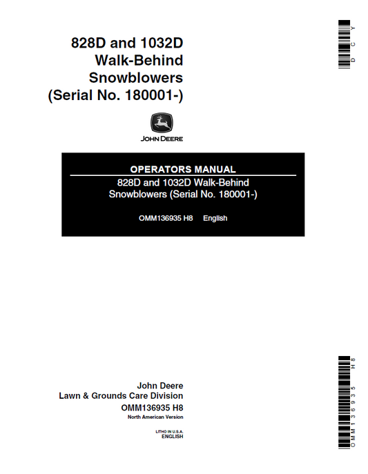 John Deere 828D and 1032D Walk-Behind Snowblowers Operator Manual OMM136935 PDF