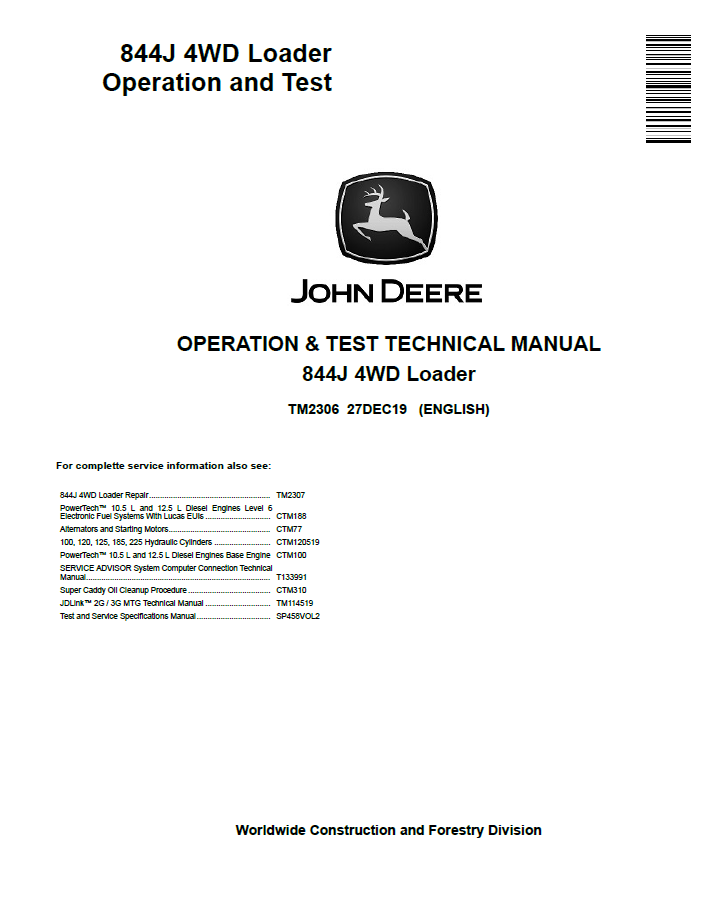 John Deere 844J 4WD Loader Operation and Test Technical Manual TM2306 PDF 