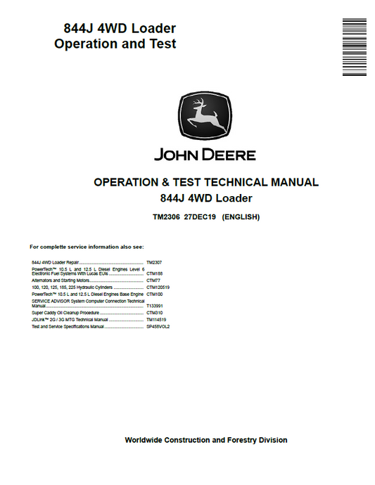 John Deere 844J 4WD Loader Operation and Test Technical Manual TM2306 PDF 