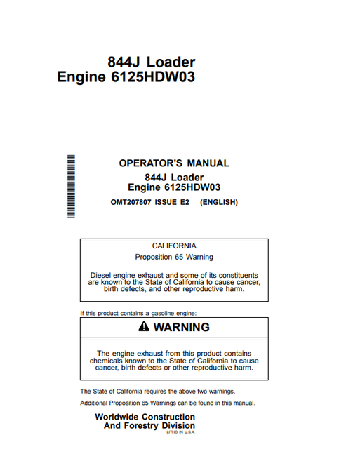 John Deere 844J Loader 6125HDW03 Engine Operator Manual OMT207807