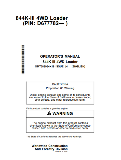 John Deere 844K-III 4WD Loader Operator Manual PDF