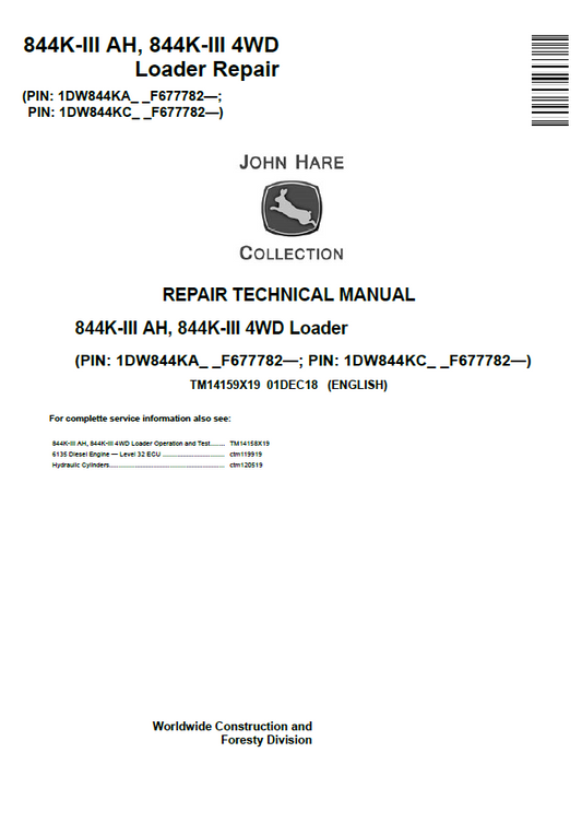 John Deere 844K-III AH, 844K-III 4WD Repair Technical Manual TM14159X19 PDF 