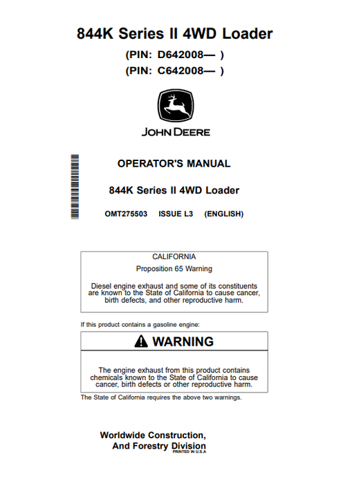 John Deere 844K Series II 4WD Loader Operator Manual PDF