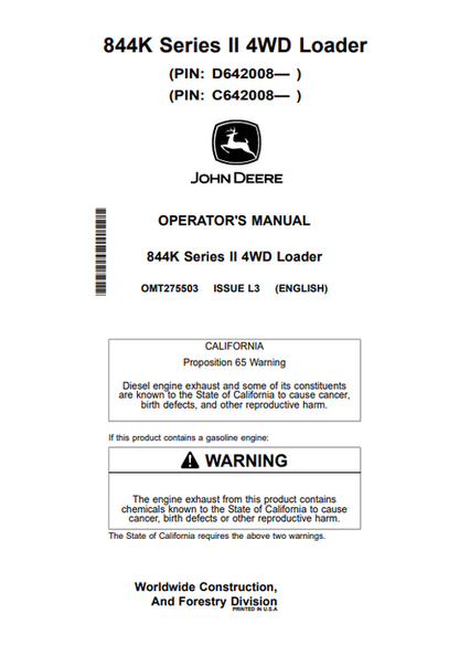 John Deere 844K Series II 4WD Loader Operator Manual PDF