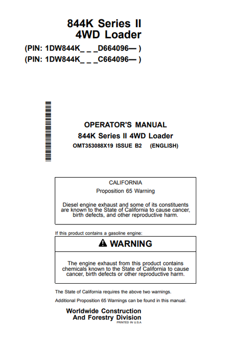 John Deere 844K Series II 4WD Loader Operator Manual PDF OMT353088X19