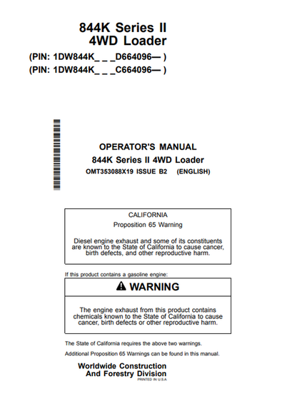 John Deere 844K Series II 4WD Loader Operator Manual PDF OMT353088X19