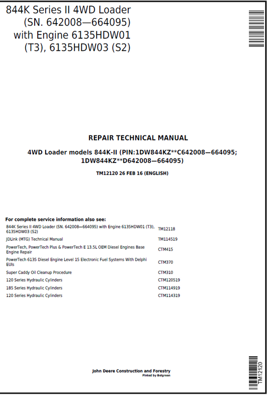 John Deere 844K Series II 4WD Loader Repair Technical Manual TM12120 PDF