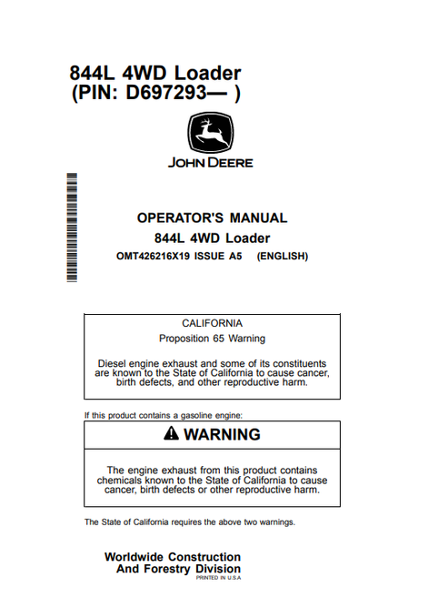 John Deere 844L 4WD Loader Operator Manual PDF