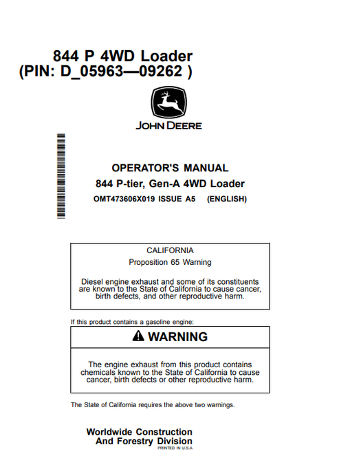 John Deere 844 P-Tier Gen-A 4WD Loader Operator Manual PDF