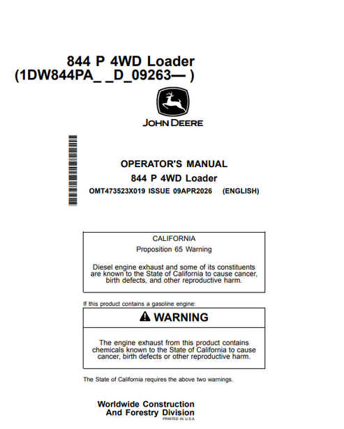 John Deere 844 P 4WD Loader Operator Manual PDF OMT473523X019