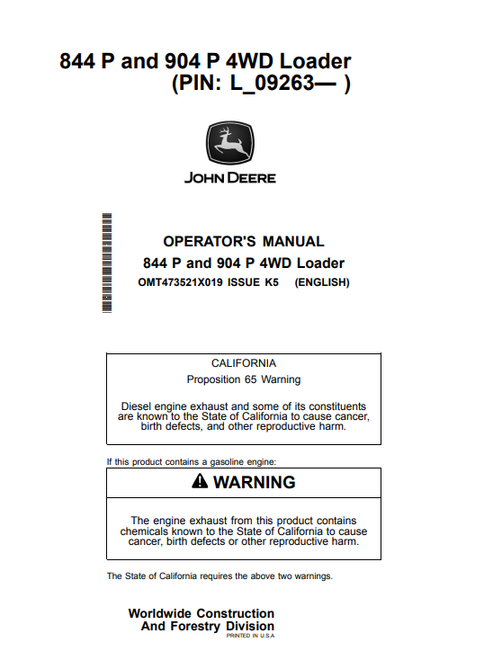 John Deere 844 P & 904 P 4WD Loader Operator Manual PDF