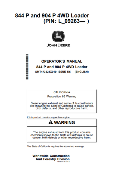 John Deere 844 P & 904 P 4WD Loader Operator Manual PDF