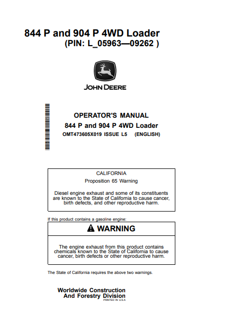 John Deere 844 P 904 P 4WD Loader Operator Manual PDF