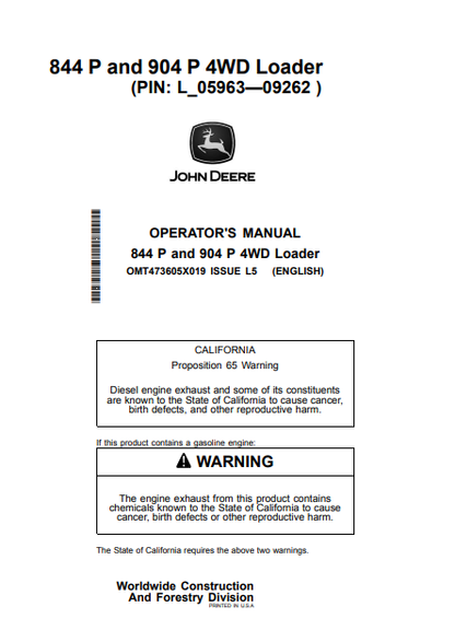 John Deere 844 P 904 P 4WD Loader Operator Manual PDF