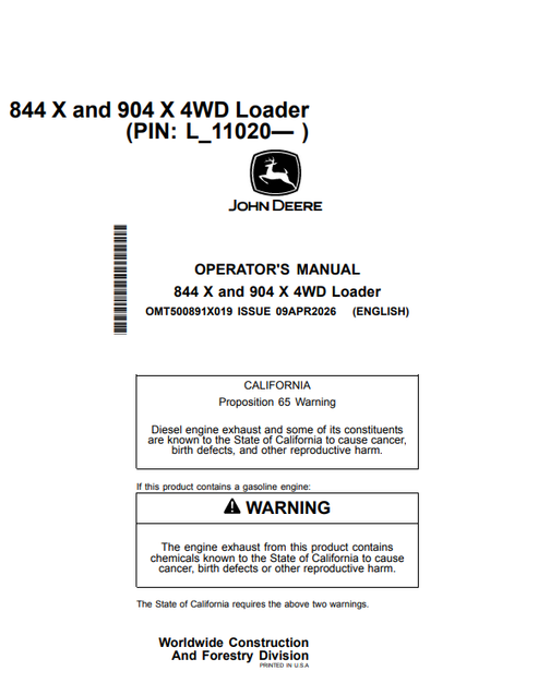 John Deere 844 X 904 X 4WD Loader Operator Manual PDF