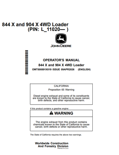 John Deere 844 X 904 X 4WD Loader Operator Manual PDF