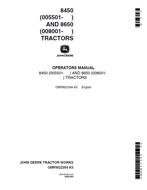 John Deere 8450 And 8650 Tractor Operator Manual OMRW22394 PDF