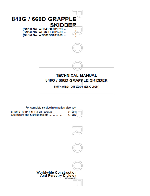 John Deere 848G & 660D Grapple Skidder Technical Manual TMF435521