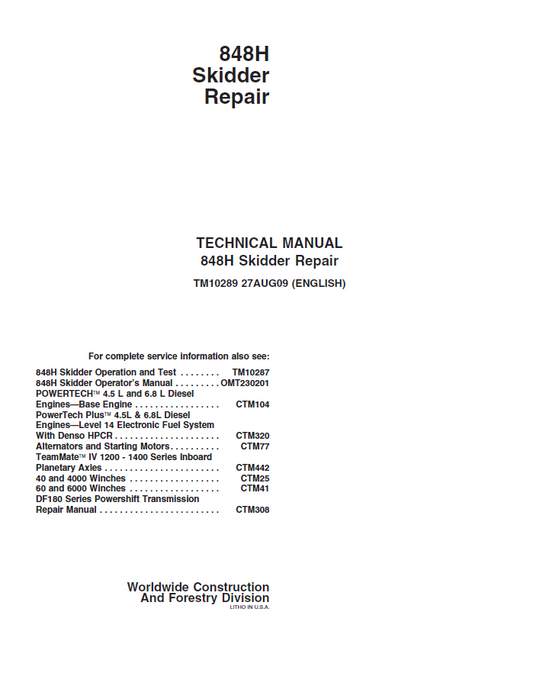 John Deere 848H Skidder Repair Technical Manual TM10289 PDF 

