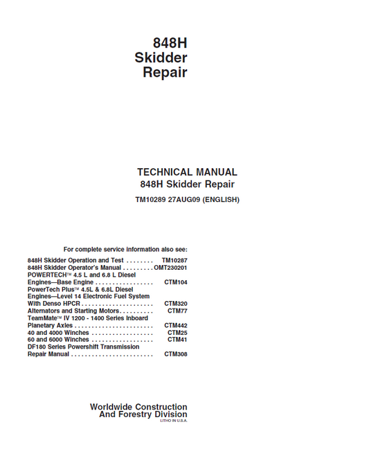 John Deere 848H Skidder Technical Manual TM10289 PDF