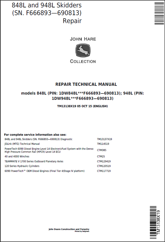 John Deere 848L and 948L Skidders Repair Technical Manual TM13138X19 PDF