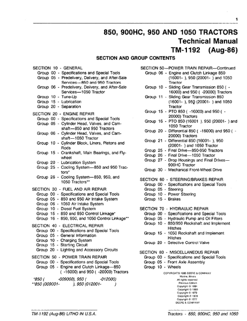John Deere 850-1050 Tractor Technical Repair Manual TM1192