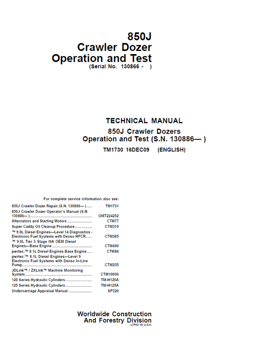 John Deere 850J Crawler Dozer Operation and Test Technical Manual TM1730 PDF