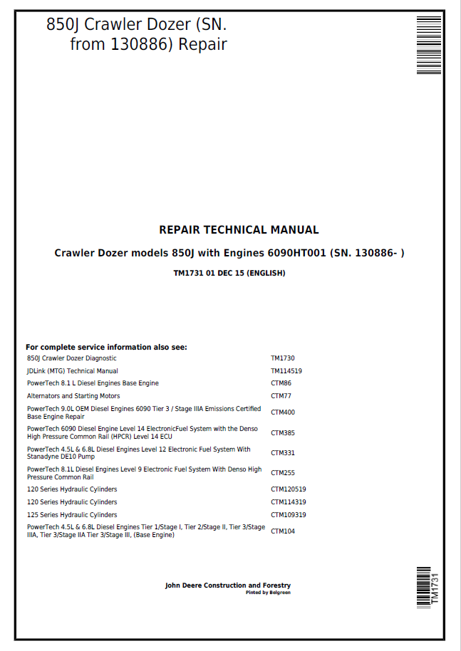 John Deere 850J Crawler Dozer Repair Technical Manual TM1731 PDF