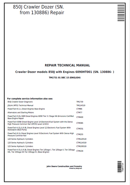 John Deere 850J Crawler Dozer Repair Technical Manual TM1731 PDF