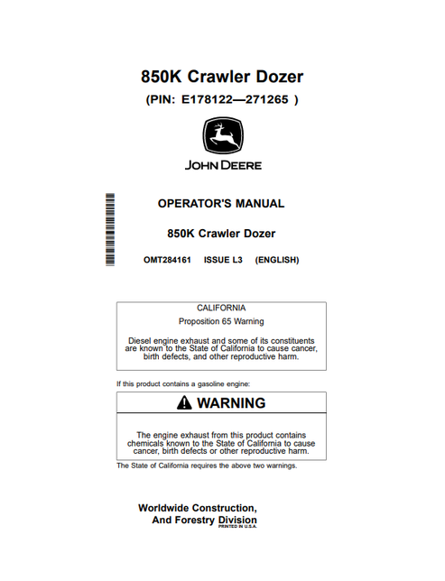 John Deere 850K Crawler Dozer Operator Manual OMT284161