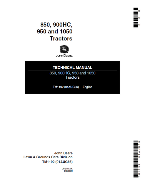 John Deere 850 900HC 950 & 1050 Tractor Service Manual TM1192