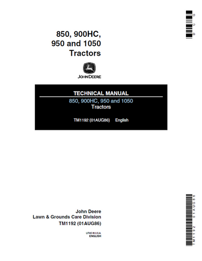John Deere 850 900HC 950 & 1050 Tractor Service Manual TM1192
