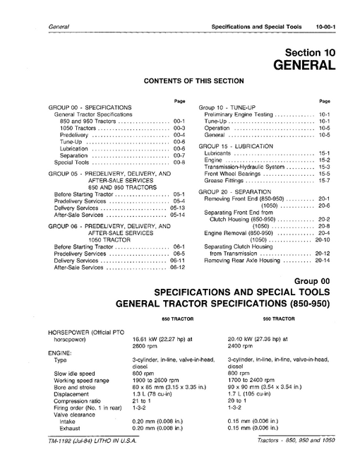 John Deere 850 900HC 950 1050 Tractor Workshop Manual TM1192