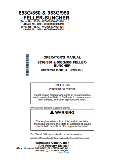 John Deere 853G/850 & 953G/950 Fellerbuncher Operator Manual OMF387068
