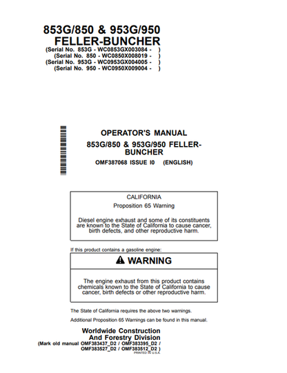 John Deere 853G/850 & 953G/950 Fellerbuncher Operator Manual OMF387068