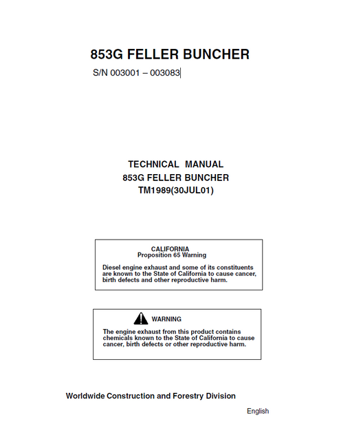 John Deere 853G Feller-Buncher Technical Manual TM1989