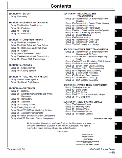 John Deere 8560-8960 Tractor Workshop Repair Manual TM1433