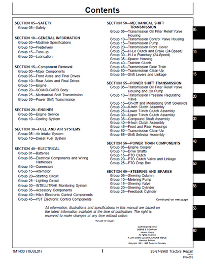 John Deere 8560-8960 Tractor Workshop Repair Manual TM1433