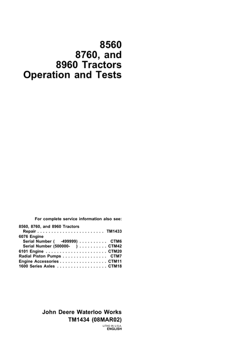 John Deere 8560 8760 8960 Tractor Operation & Test Manual TM1434