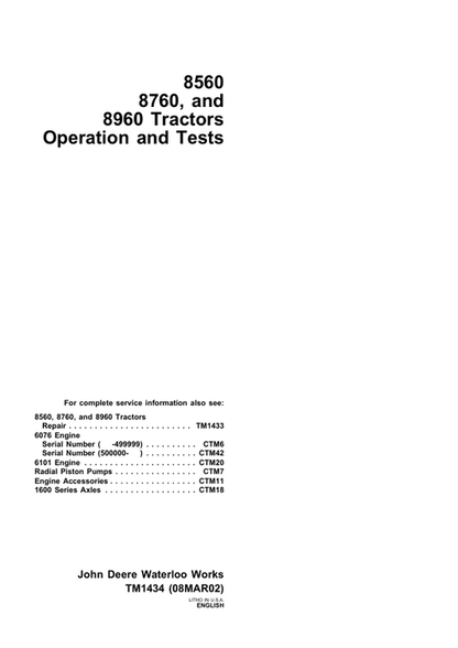 John Deere 8560 8760 8960 Tractor Operation & Test Manual TM1434