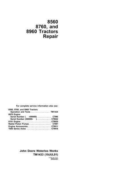 John Deere 8560, 8760 & 8960 Tractor Repair Manual TM1433