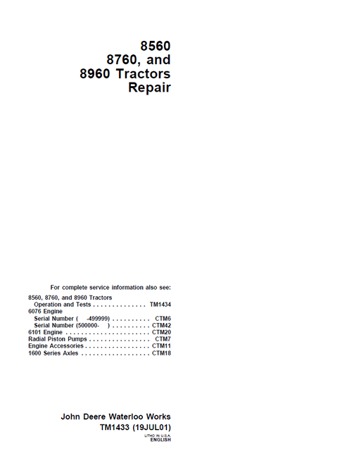 John Deere 8560 8760 8960 Tractor Repair Manual TM1433 PDF