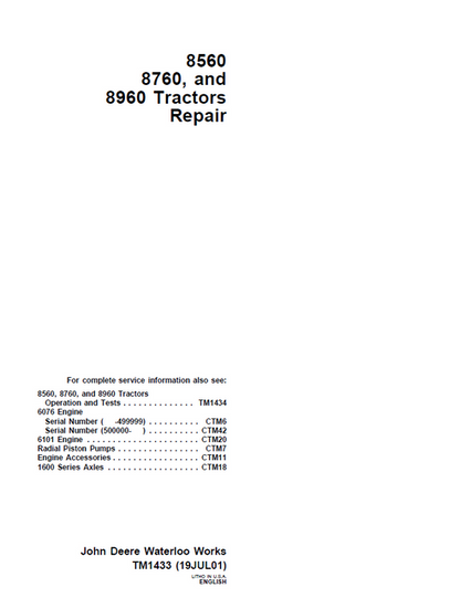 John Deere 8560 8760 8960 Tractor Repair Manual TM1433 PDF